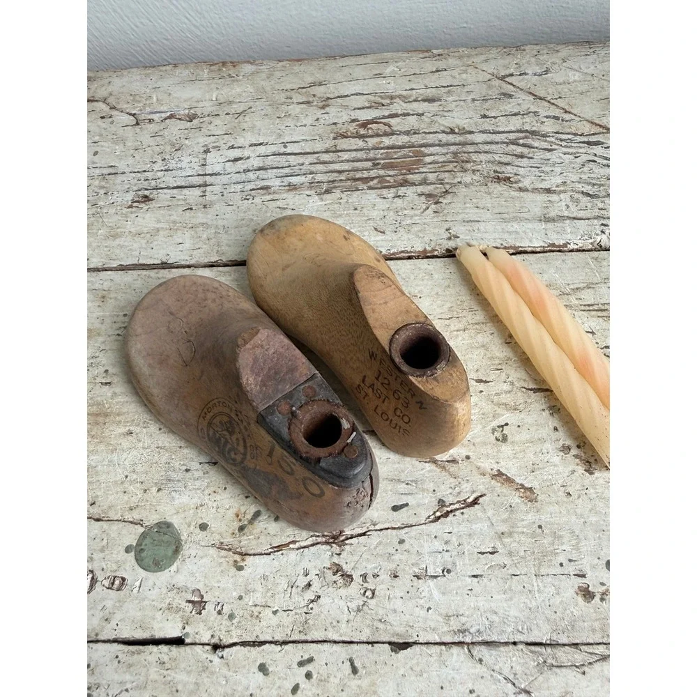 Vintage Wooden Shoe Last Candle Holders Child Size 4.5in Cobbler Forms